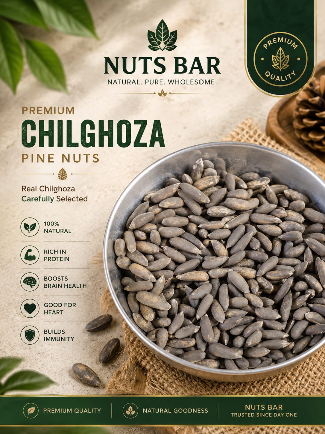 Nuts Bar Premium Chilgoza Pine Nuts packaging graphic showing a metal bowl filled with dried pine nuts on burlap, with product text and branding on a beige background.