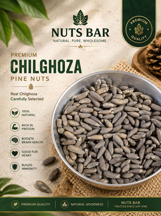 Nuts Bar Premium Chilgoza Pine Nuts packaging graphic showing a metal bowl filled with dried pine nuts on burlap, with product text and branding on a beige background.